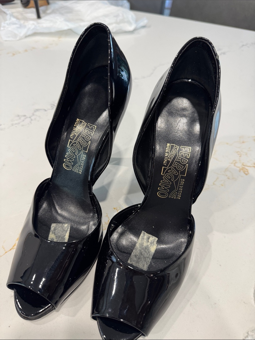 Salvatore Ferragamo Black Patent Peep-Toe Heels